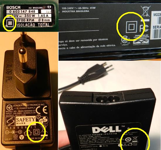 Figura 19 - Símbolos de dupla isolação em furadeira, televisor LED, fonte de roteador e de notebook.