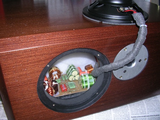 Figura 26– Woofer durante a montagem, onde pode-se ver o revestimento de espuma na fiação.