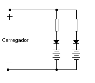 Fig3-Carreg2BatProtR Figura 3 – Modo de carregar duas baterias, com resistor limitador de corrente.