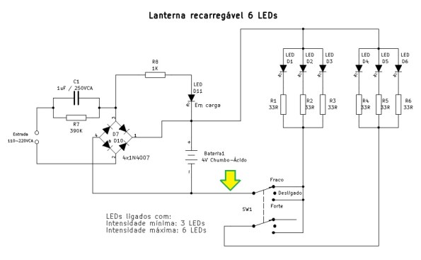 Figura 4 – Esquema completo da lanterna recarregável de 6 LEDs.