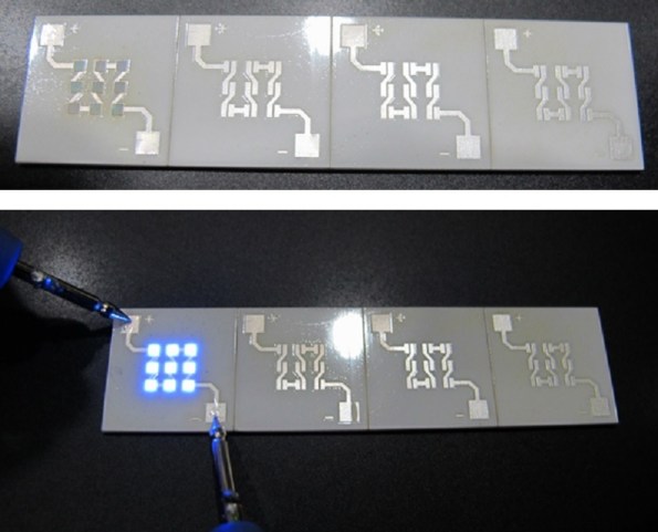 Figura 22 – Módulos de LEDs COB (Chips on Board) da CheeringSun, modelo CLF1515, antes da finalização. O módulo mais à esquerda já recebeu os FCLEDs. Abaixo, os LEDs em teste. Pode-se perceber que os chips são pouco espessos. Fonte CheeringSun [53].