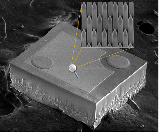 Figura 26 – Chip LED visto por microscópio eletrônico, onde aparece a texturização da superfície, feita por nanotecnologia. Fonte: Glō [58].
