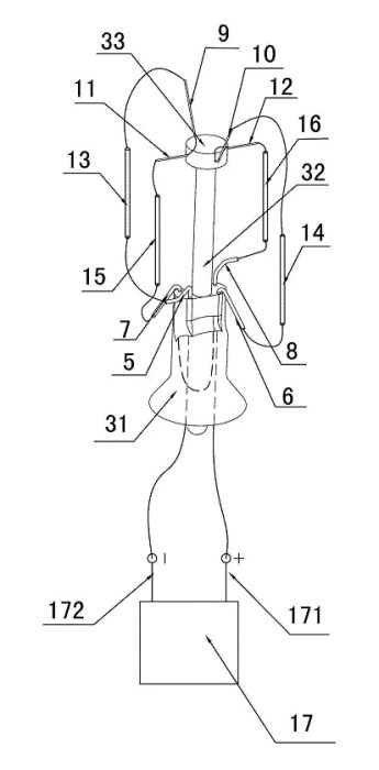 Figura 104 – Configuração interna dos filamentos LED da lâmpada Sunny, segundo a patente CN203395690U. Fonte: Google Patents [277].