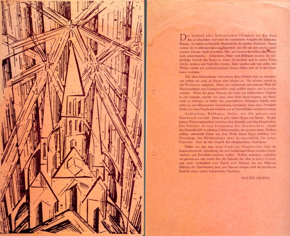 Figura 125 – Manifesto Bauhaus, observar a gravura da catedral, desenho de Lyonel Feinninger, com diversas simbologias. Fonte: Clio's Calendar [403].