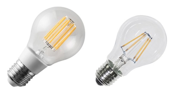 Figura 63 – Lâmpadas de filamento LED, a da esquerda com pescoço prolongador, para alojar o circuito de alimentação interno. A da direita não utiliza este recurso e é quase idêntica às incandescentes. Fonte Arteleta/LYVIA [163].