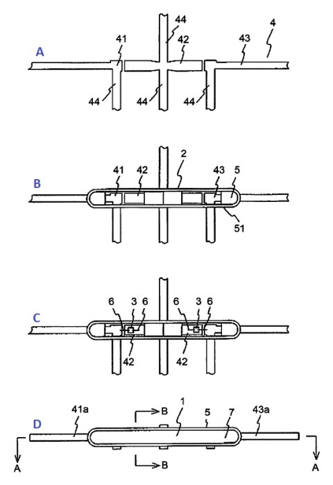 Figura 93 – Vista superior do filamento LED da Ushio, com as diversas etapas de fabricação. Fonte: J-Plat-Pat [263].