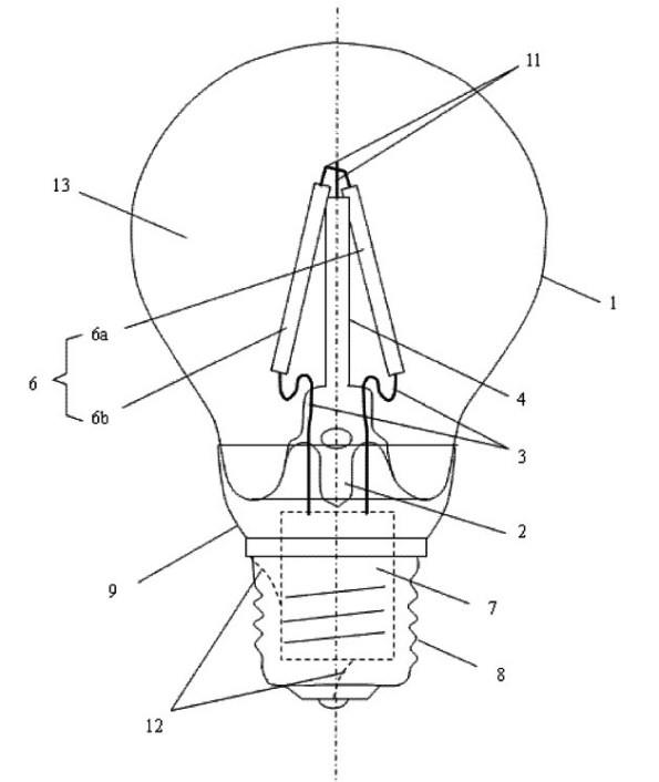 Figura 98 – Lâmpada de dois filamentos LED da patente da Ledisong, semelhante aos modelos atualmente comercializados. Fonte: Google Patents [270].