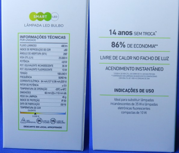Figura 7 – Informações presentes em duas faces da embalagem de lâmpada LED Brilia de 4,8W.