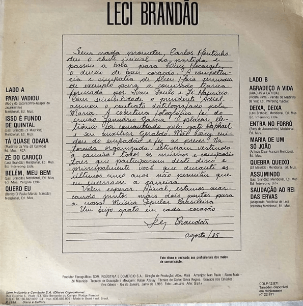 Figura 3 – Contracapa do primeiro disco de Leci Brandão pela Copacabana, em 1985.