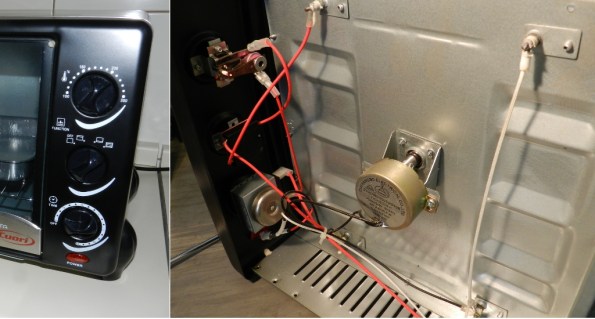 Figura 23 – Vistas externa e interna dos controles do painel frontal. O de cima é o termostato, o do meio escolhe as resistências que ficarão ligadas e o inferior é o temporizador mecânico, com uma sineta acoplada. Bem abaixo, a lâmpada neon, tipo olho de boi, que indica se o forno está ligado. O motor voltado para dentro do compartimento das resistências é do espeto rotativo.