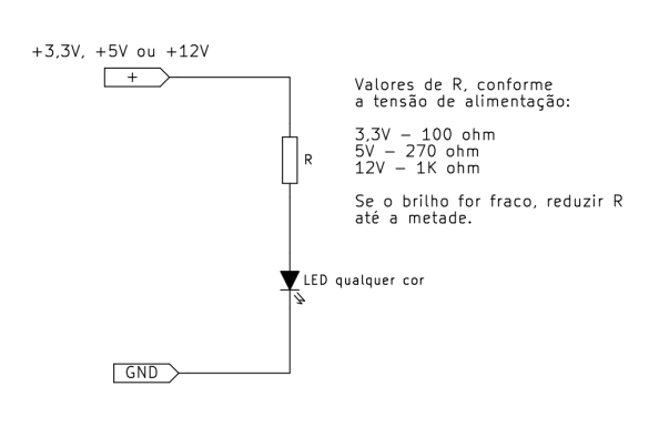 Fig. 16 - Forma de ligar um LED na saída de uma fonte ATX (com opção para 3,3V, 5V e 12V).