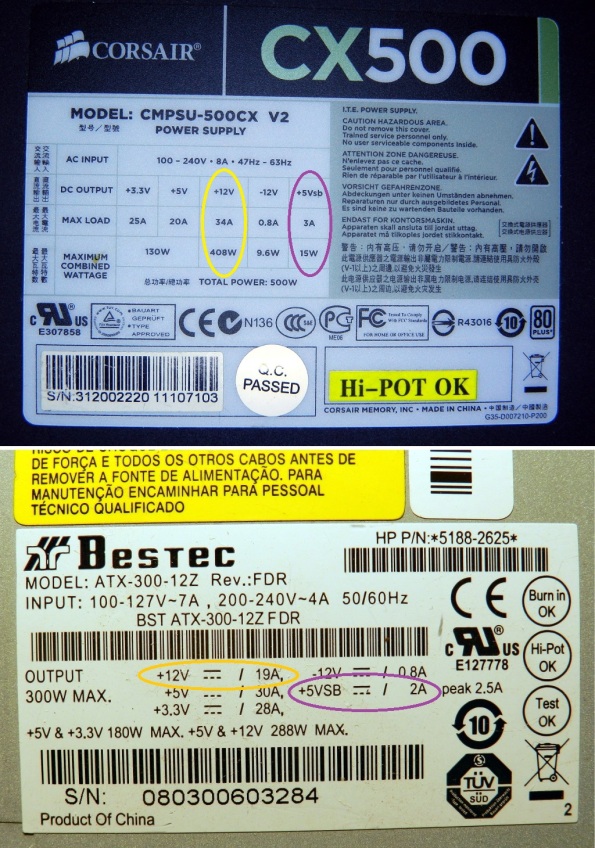 Fig. 3 – Etiquetas de fontes ATX: Corsair, de 500W, Bestec, de 300W. Em destaque, as capacidades de corrente das linhas de +5VSB e +12V.
