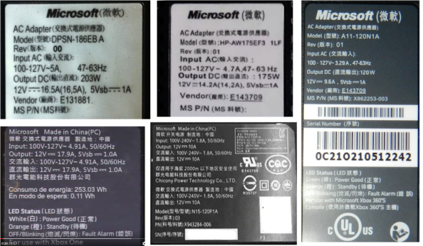Fig. 4 – Etiquetas de fontes XBOX. Em cima, dois modelos 360; à direita, 360S; embaixo, One e One S. Observe a potência total e corrente da saída de 12V (Output).