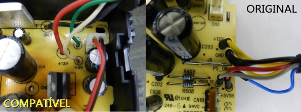 Fig. 5 – Cores dos fios do cabo em fonte compatível (esquerda) e original (direita), para o XBOX 360S.