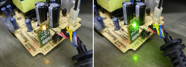 Fig. 13 – À esquerda, fonte ligada somente na tomada (luz laranja). À direita, fonte em funcionamento normal (luz verde).
