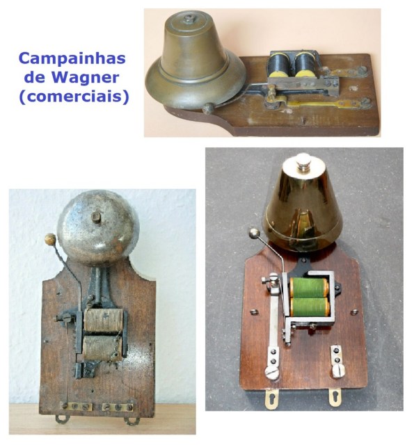 Fig. 14 – Antigas campainhas elétricas, vendidas no início do século XX. Observe os suportes para pendurá-las na parede. Fonte: Luft-Zug [23], ebay [24] e Horst-Ries [25].