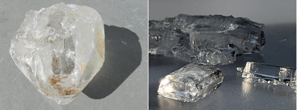 Fig. 66 – À esquerda, fragmento natural de quartzo incolor (cristal de rocha), à direita o sal de La Rochelle. Fonte da imagem do sal de Rochelle: Science Notes [105].